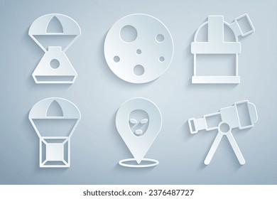 Set Alien, Astronomische Sternwarte, Box fliegender Fallschirm, Teleskop, Planet Mars und Raumkapsel Symbol. Vektorgrafik