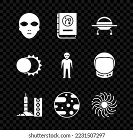 Set Alien, Book by astronomy, UFO flying spaceship, Rocket launch from the spaceport, Planet Mars, Black hole, Eclipse of sun and  icon. Vector