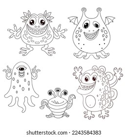 Set of alien, cartoon, funny monsters. Black and white linear drawing. For kids design of coloring books, prints, posters, stickers. Vector