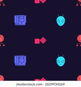 Set Alien, Cartridge, Game dice and Computer network on seamless pattern. Vector