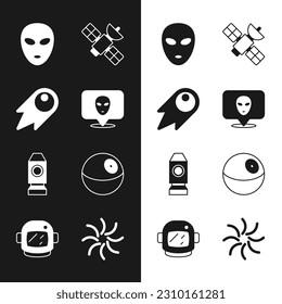 Set Alien, Comet falling down fast, Satellite, Rocket ship, Planet, Black hole and Astronaut helmet icon. Vector