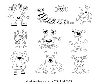 Set of alien cute monsters. Children's coloring book. Linear hand drawing.