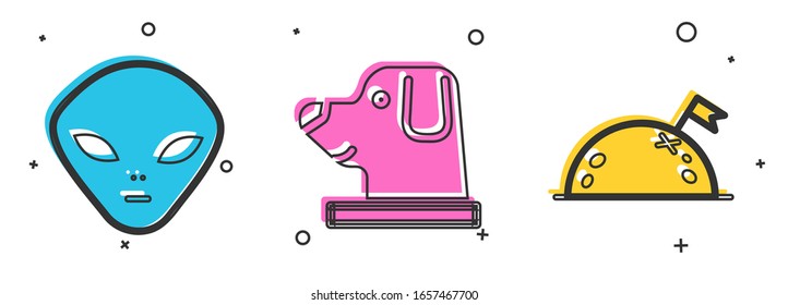 Set Alien, Dog in astronaut helmet and Planet with flag icon. Vector