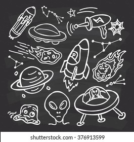 set of alien doodle on chalkboard  background