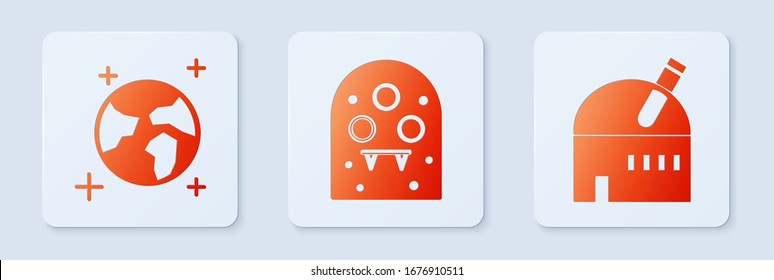 Set Alien, Earth globe and Astronomical observatory. White square button. Vector