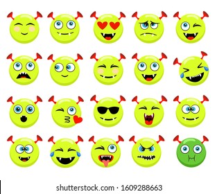 Set of alien emoji icons. Cute cartoon emoticons vector illustration. Monsters of emotion.