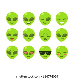 Set Of Alien Emoji Icons. Cute Cartoon Emoticons Vector Illustration.