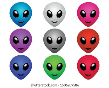 Set of alien emoji icons and faces with different colors isolated on white background. Vector Illustration.