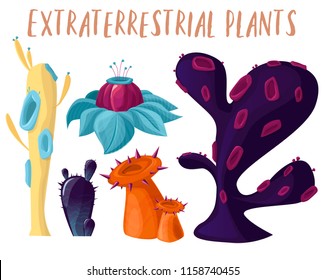 Set of alien Fantastic Plants. Magic fantastic plants. Cartoon vector illustration