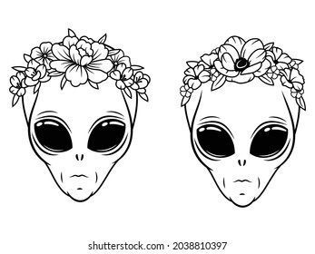 Set of alien head. Collection of portraits alien faces with floral headband. Space invader. Vector illustration of humanoid head on white background. 