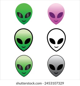 Set of alien heads in different colors vector illustration. Aliens heads on white background vector. Extraterrestrial trendy alien faces or head symbol line art vector icon for apps, sticker and web.