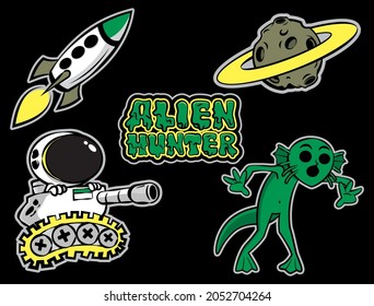 Set Of Alien Hunter Cartoon Characters, Astronaut Shooting With Tank, Shocking Alien, Asteroid With Rings, Flying Rocket At Space, And 