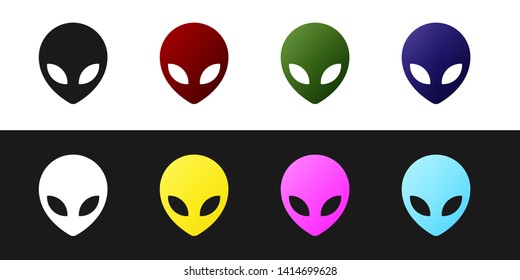 Set Alien icon isolated on black and white background. Extraterrestrial alien face or head symbol. Vector Illustration
