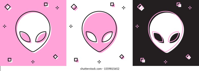 Set Alien icon isolated on pink and white, black background. Extraterrestrial alien face or head symbol.  Vector Illustration