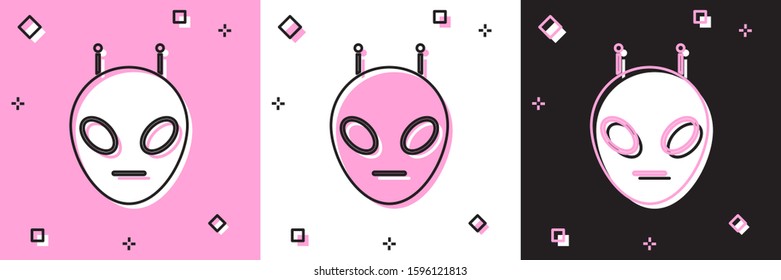 Set Alien icon isolated on pink and white, black background. Extraterrestrial alien face or head symbol.  Vector Illustration