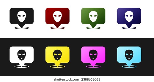 Set Alien icon isolated on black and white background. Extraterrestrial alien face or head symbol.  Vector