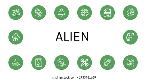 Set of alien icons. Such as Alien, Rover, Spaceship, Space, Observatory, Universe, Ufo, Space station, Spacecraft, Uranus, Astronaut , alien icons