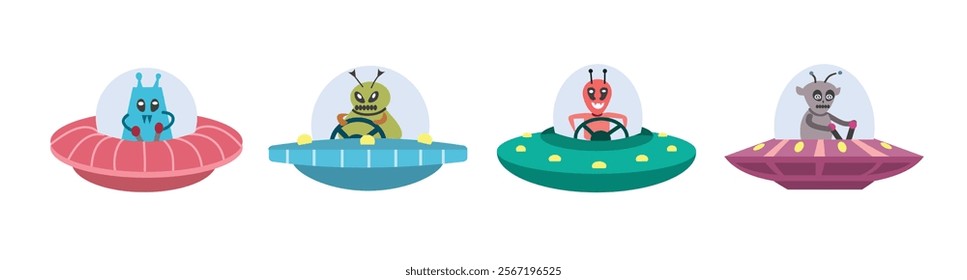 Set of alien illustration. Ufo with alien. Spaceship. Space exploration. Ufo collection.