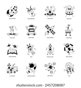 Set of Alien Invasion Doodle Icons


