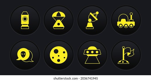 Set Alien, Mars rover, Planet, UFO flying spaceship, Satellite dish, Space capsule, Moon with flag and Rocket icon. Vector