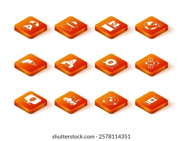 Set Alien, Mars rover, Ray gun, Rocket ship, Solar system,  and Satellite icon. Vector
