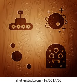 Set Alien, Mars rover, Solar system and Planet on wooden background. Vector