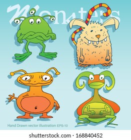 Set of alien and monster with lots of eyes and antennas - hand drawn  - Vector illustration isolated on color background.