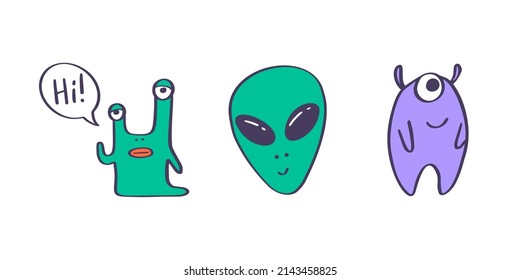 Set of alien monsters isolated on white background. Hand drawn style.Vector illustration EPS10