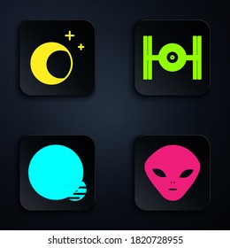 Set Alien, Moon and stars, Planet and Cosmic ship. Black square button. Vector