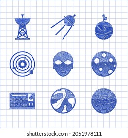 Set Alien, Planet, Venus, Moon, Futuristic hud interface, Solar system, with flag and Satellite dish icon. Vector