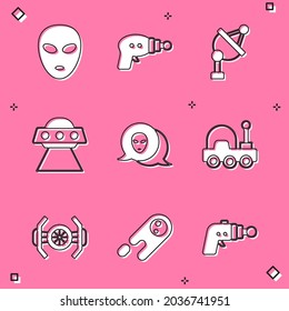 Set Alien, Ray gun, Satellite dish, UFO flying spaceship, Mars rover, Cosmic and Comet falling down fast icon. Vector