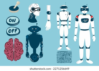 set of Alien robots, future technology cartoon characters. Robotic life forms, futuristic machines or cyborgs workers with artificial intelligence, vector