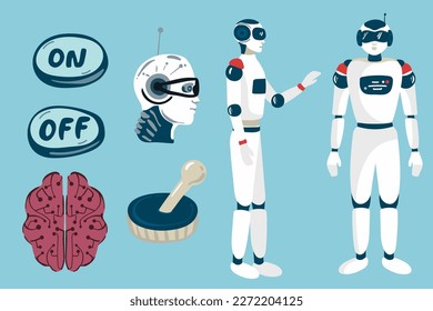 set of Alien robots, future technology cartoon characters. Robotic life forms, futuristic machines or cyborgs workers with artificial intelligence, vector