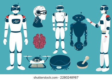 set of Alien robots, future technology cartoon characters. Robotic life forms, futuristic machines or cyborgs workers with artificial intelligence, vector,