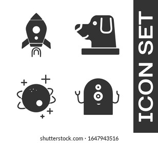 Set Alien, Rocket ship with fire, Planet and Dog in astronaut helmet icon. Vector