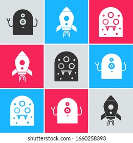 Set Alien, Rocket ship with fire and Alien icon. Vector
