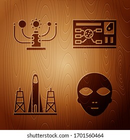 Set Alien, Solar system, Rocket launch from the spaceport and Futuristic hud interface on wooden background. Vector