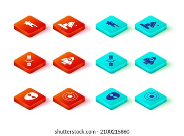 Set Alien, Solar system, Satellite, Rocket ship, dish and Falling star icon. Vector