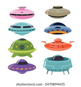 Set of Alien spaceship set collection cartoon style, extraterrestrial UFO, flying saucer and fantasy spaceship in outer space, Science Technology, Funny rockets, ufo shuttles, vector illustration.