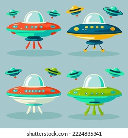 Set of Alien Spaceship and spacecrafts cartoon set for space computer. for copy space design asset . set of Ufo and shuttle for space flight and exploration illustration. spaceship and spacecrafts 