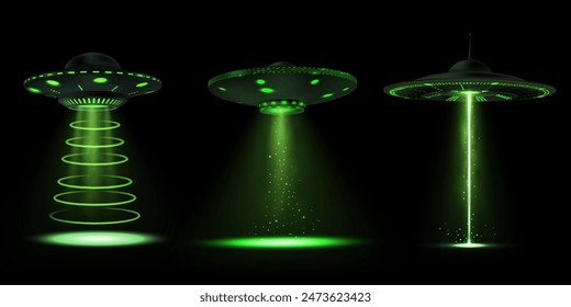 A set of alien spaceships with glowing green rays of different shapes. Alien light with smoke and particle effects displayed on an isolated black background.