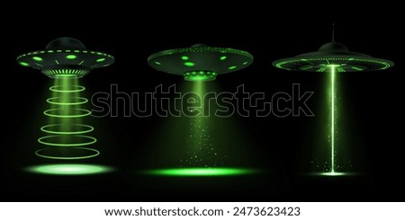 A set of alien spaceships with glowing green rays of different shapes. Alien light with smoke and particle effects displayed on an isolated black background.