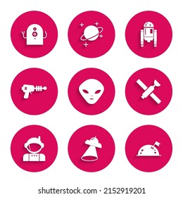 Set Alien, UFO flying spaceship, Planet with flag, Satellite, Astronaut, Ray gun, Robot and  icon. Vector