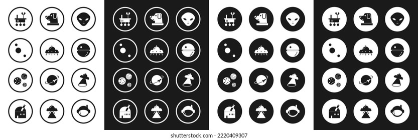 Set Alien, UFO flying spaceship, Solar system, Mars rover, Death star, Dog astronaut helmet,  and Planet icon. Vector