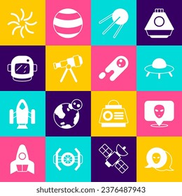Set Alien, UFO flying spaceship, Satellite, Telescope, Astronaut helmet, Black hole and Comet falling down fast icon. Vector