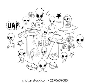 Set of alien and ufo icon, hand drawn illustration.