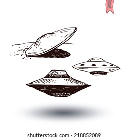 Set of alien and ufo icon, hand drawn vector illustration.