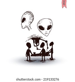 Set of alien and ufo icon, hand drawn vector illustration.