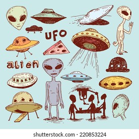 Set of alien and ufo icon, hand drawn vector illustration.