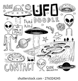 Set of alien and ufo icon, hand drawn vector illustration.